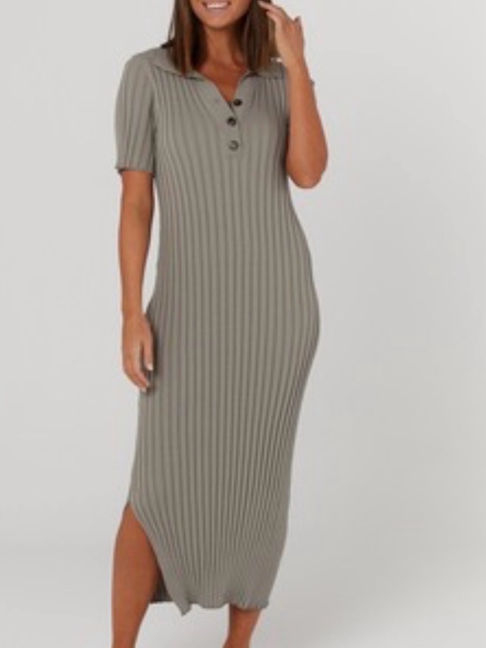 Legoe Heritage Maternity Ribbed Polo Midi Dress in Taupe Classic and Timeless